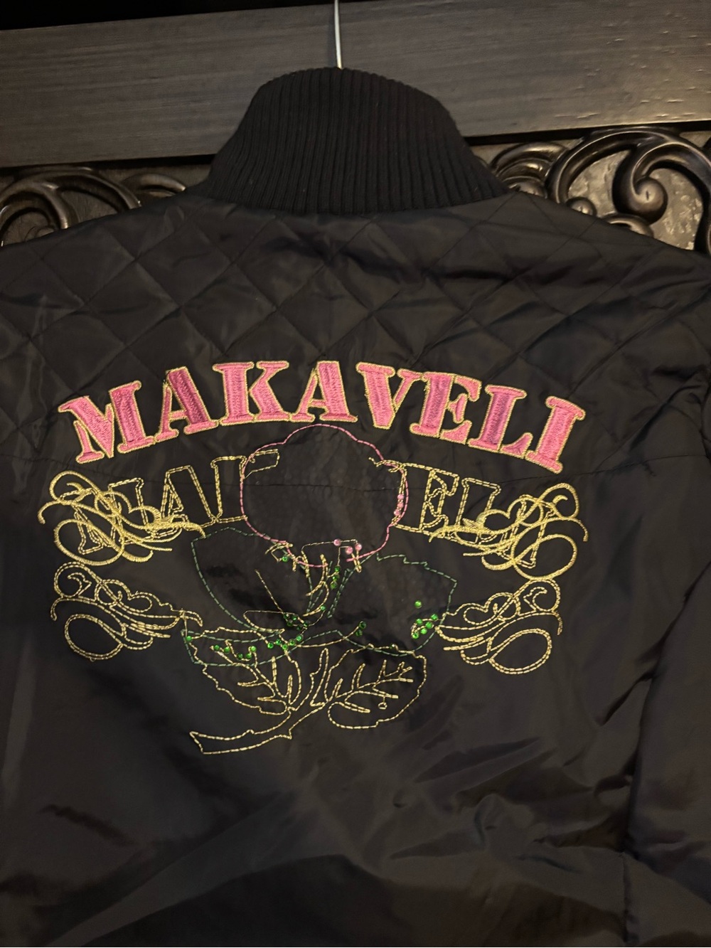 Makaveli Embroidered Quilted Bomber Jacket - Black with Pink & Gold Accents
